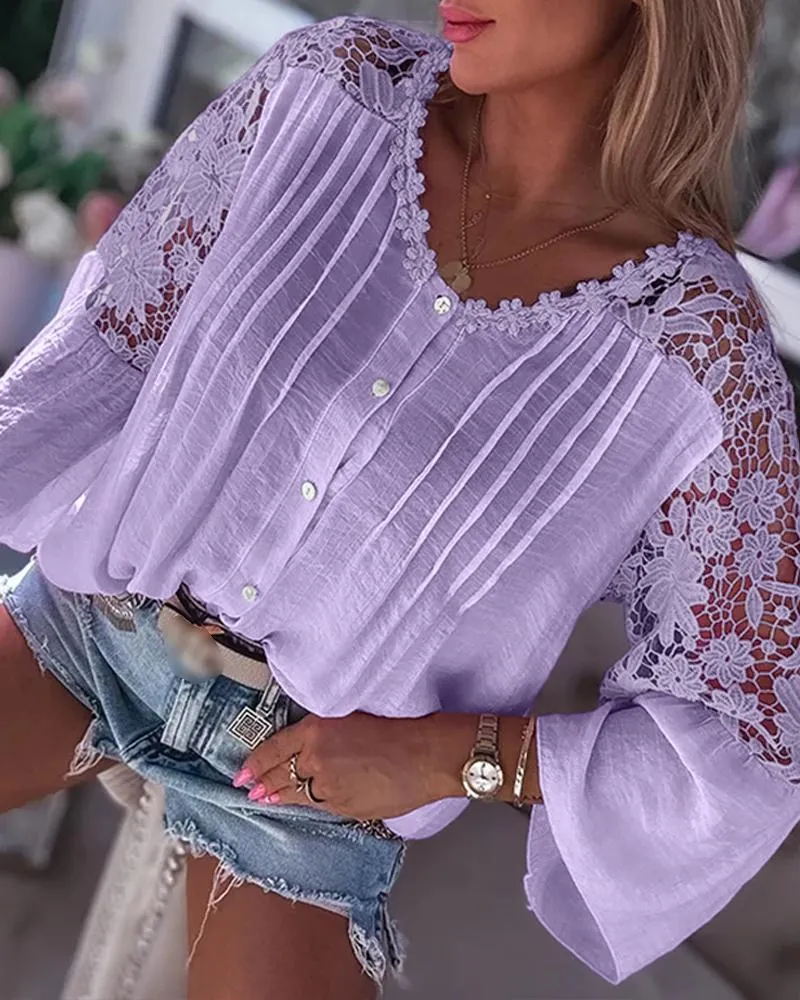 Contrast Lace V Neck Bell Sleeve Blouses Hollow out Button Ruched Shirts Top