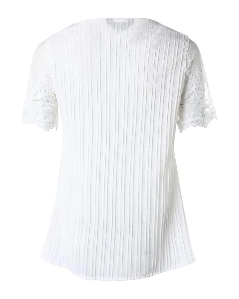 Contrast Lace Zipper Design V Neck Top