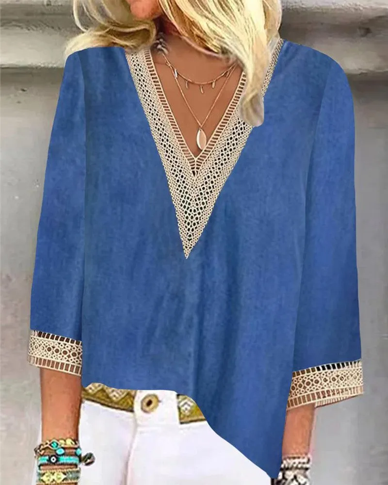 Contrast Paneled Lace Patch V Neck Top