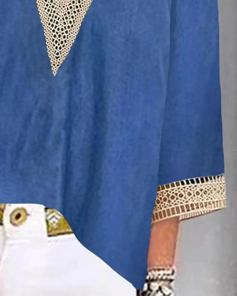 Contrast Paneled Lace Patch V Neck Top