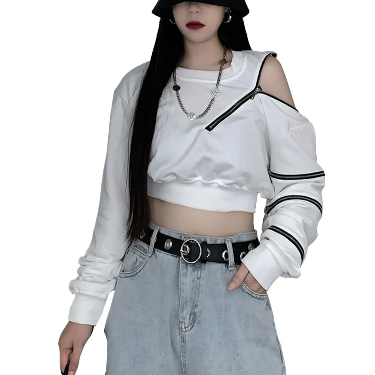 Dark Zipper Strapless Cropped Sweatshirt