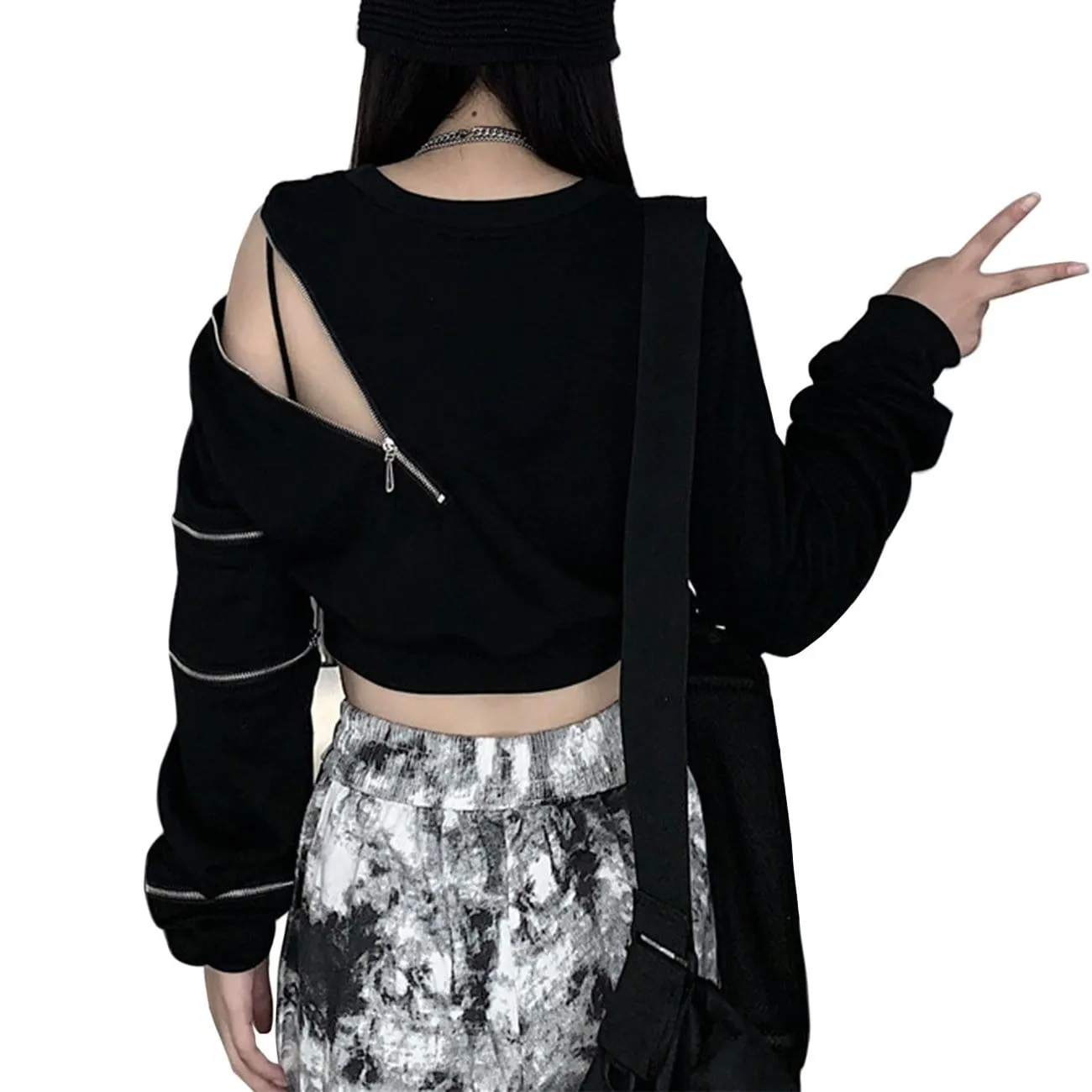 Dark Zipper Strapless Cropped Sweatshirt