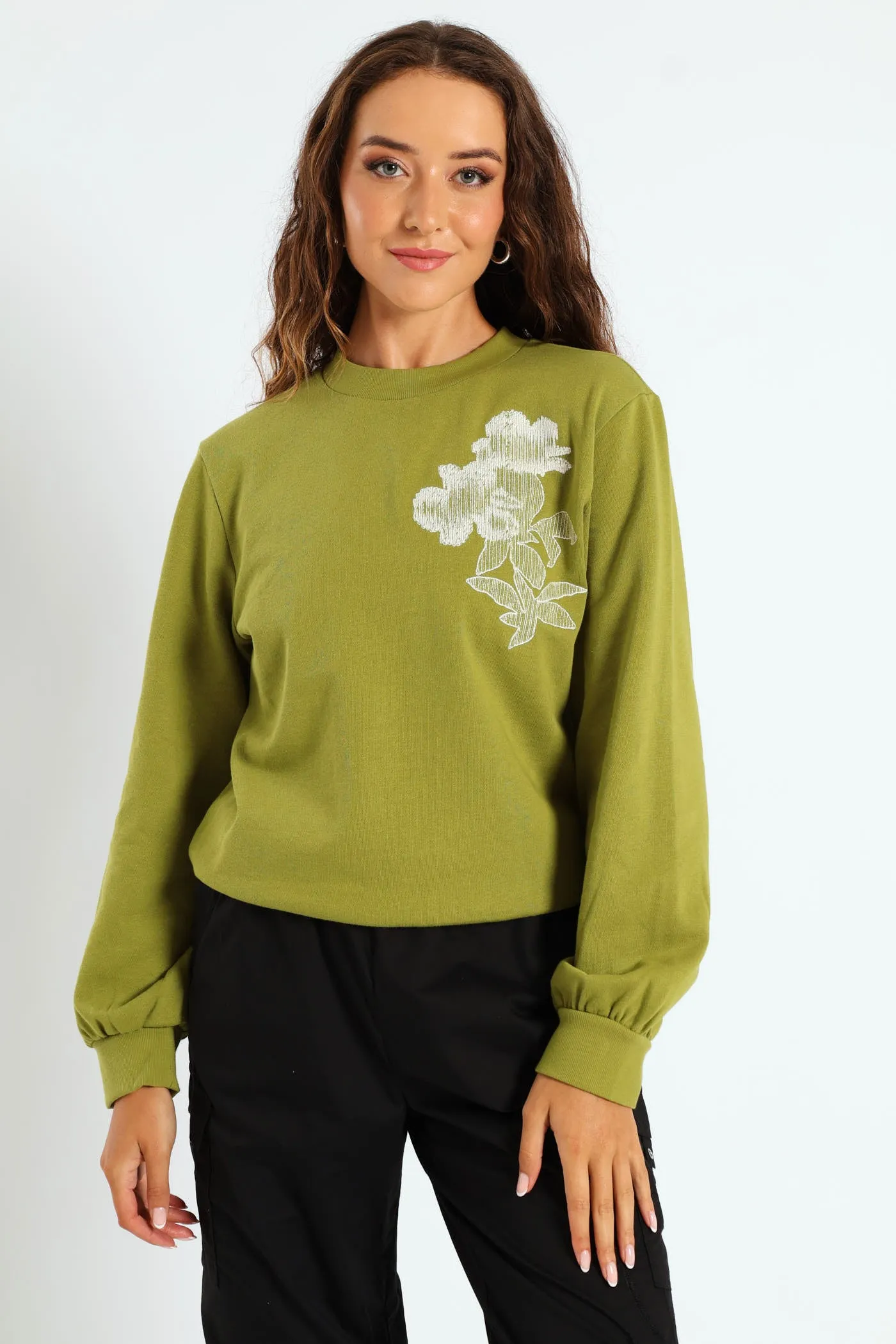 Digital Floral Emboidered Pullover - Avocado