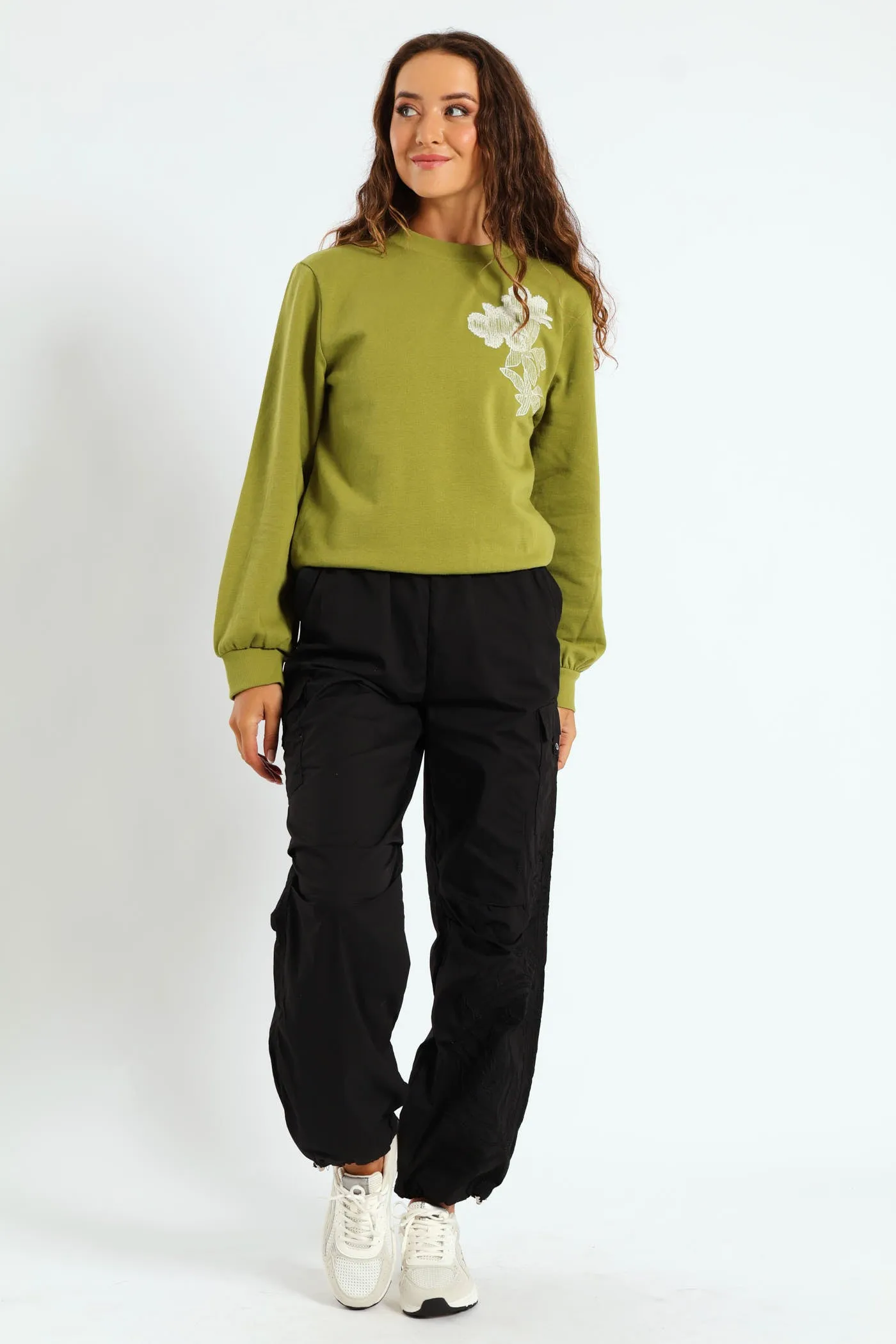 Digital Floral Emboidered Pullover - Avocado