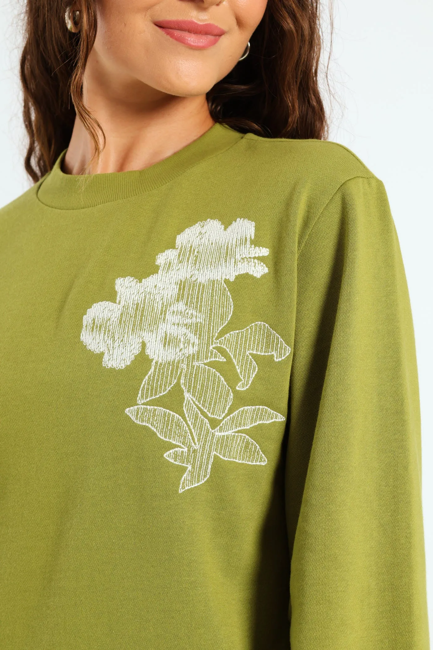 Digital Floral Emboidered Pullover - Avocado