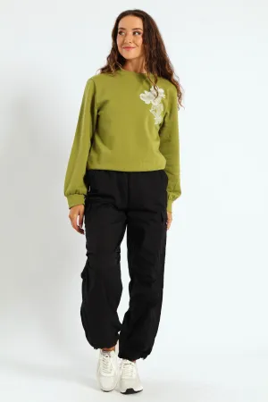 Digital Floral Emboidered Pullover - Avocado