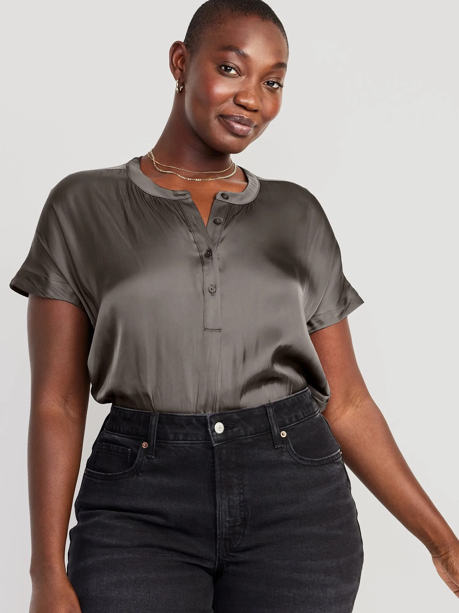 Dolman Sleeve Satin Popover Shirt for Women
