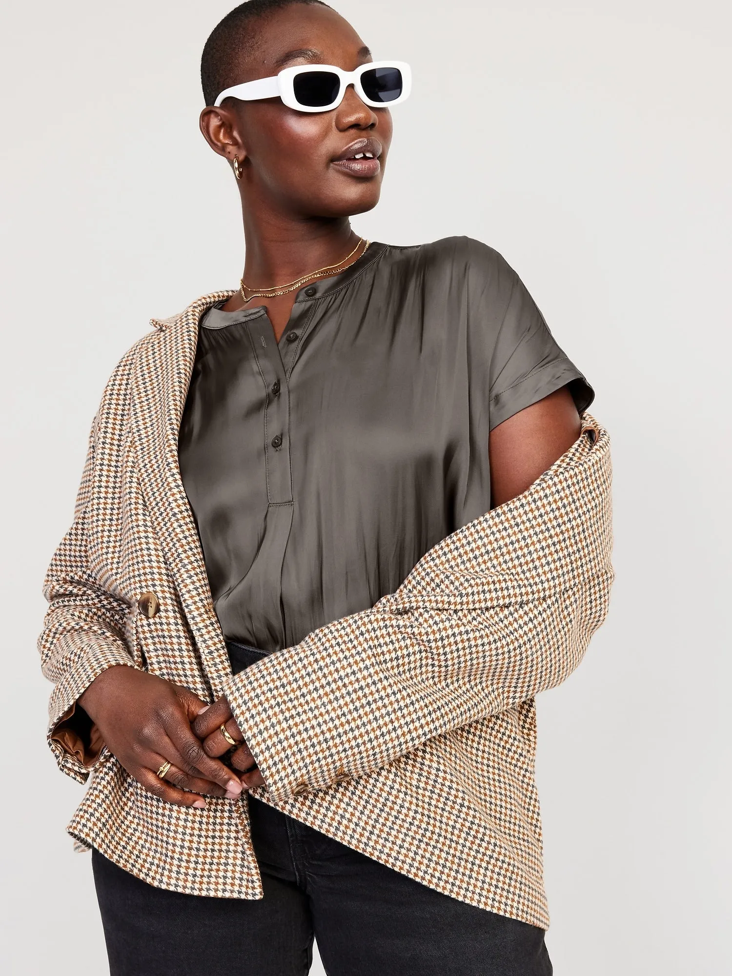 Dolman Sleeve Satin Popover Shirt for Women