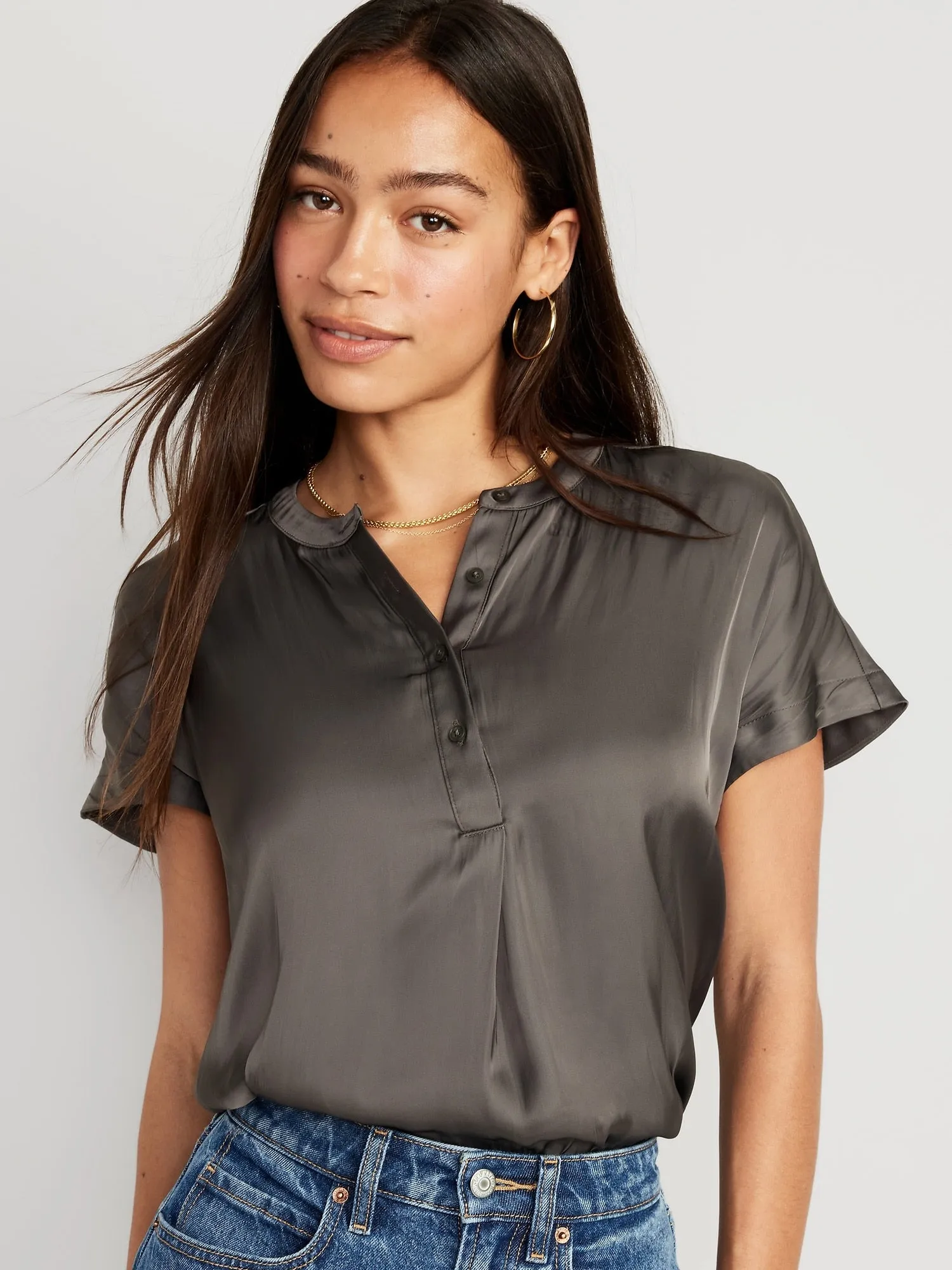 Dolman Sleeve Satin Popover Shirt for Women