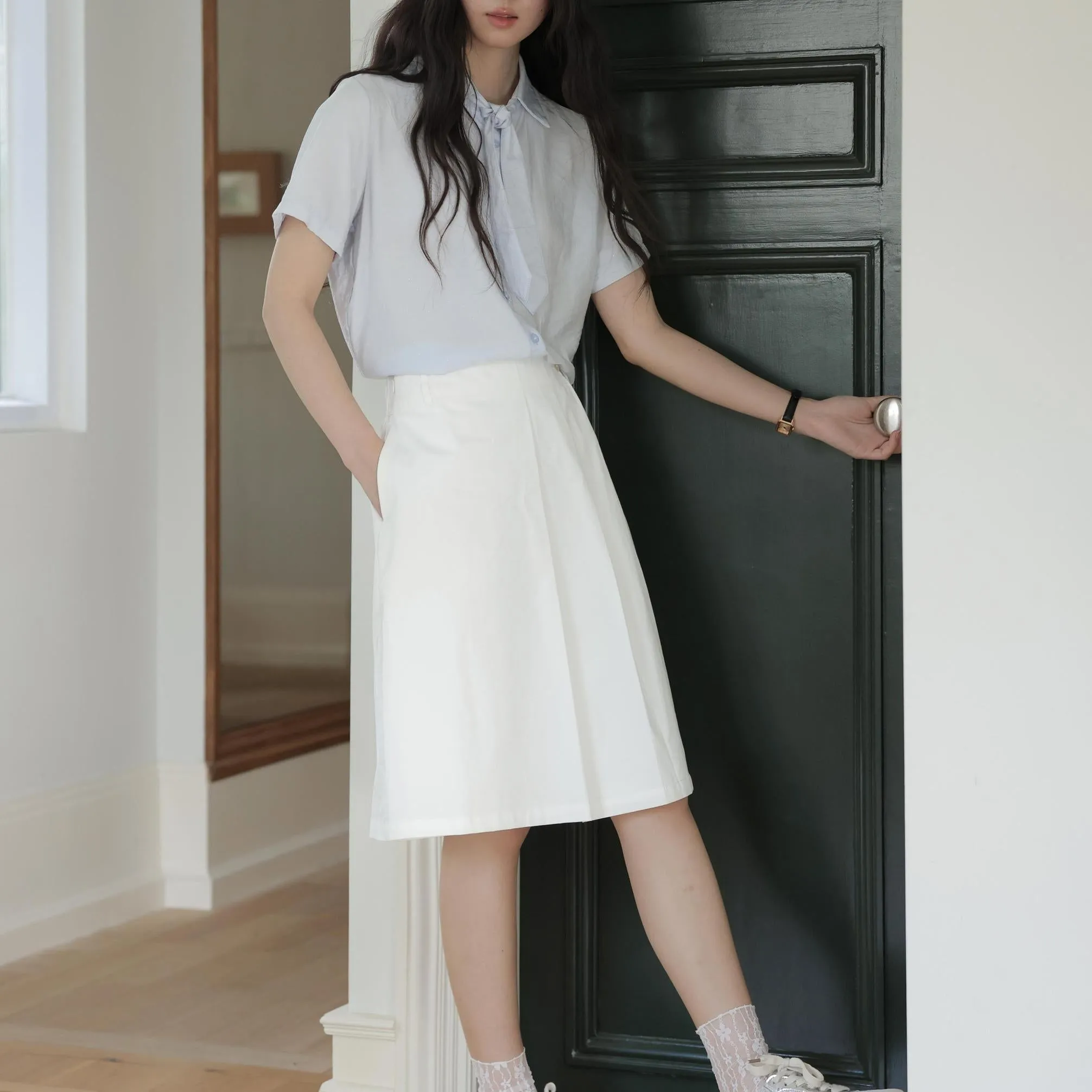 Elegant French Style Solid Blouse with Spread Neckline