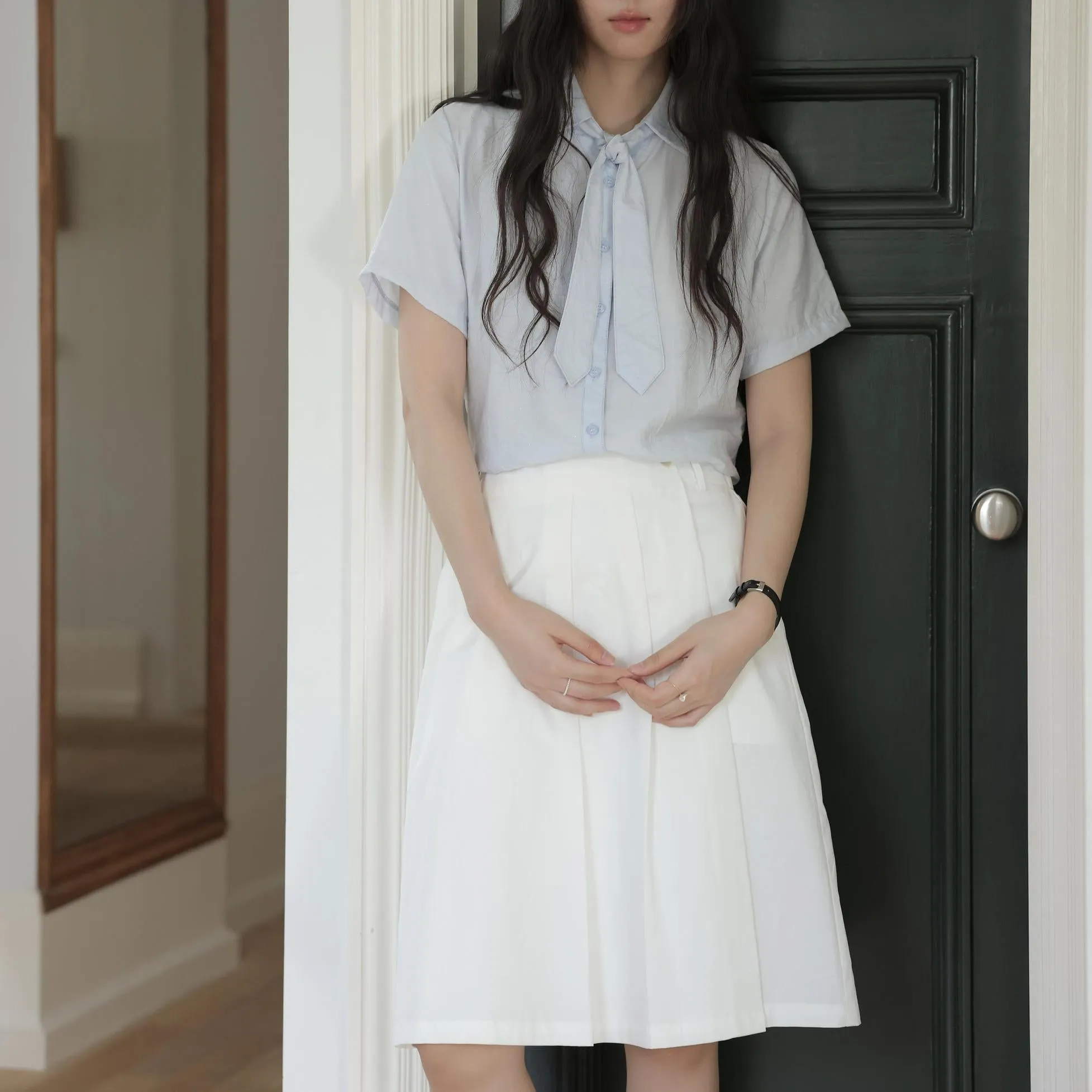 Elegant French Style Solid Blouse with Spread Neckline