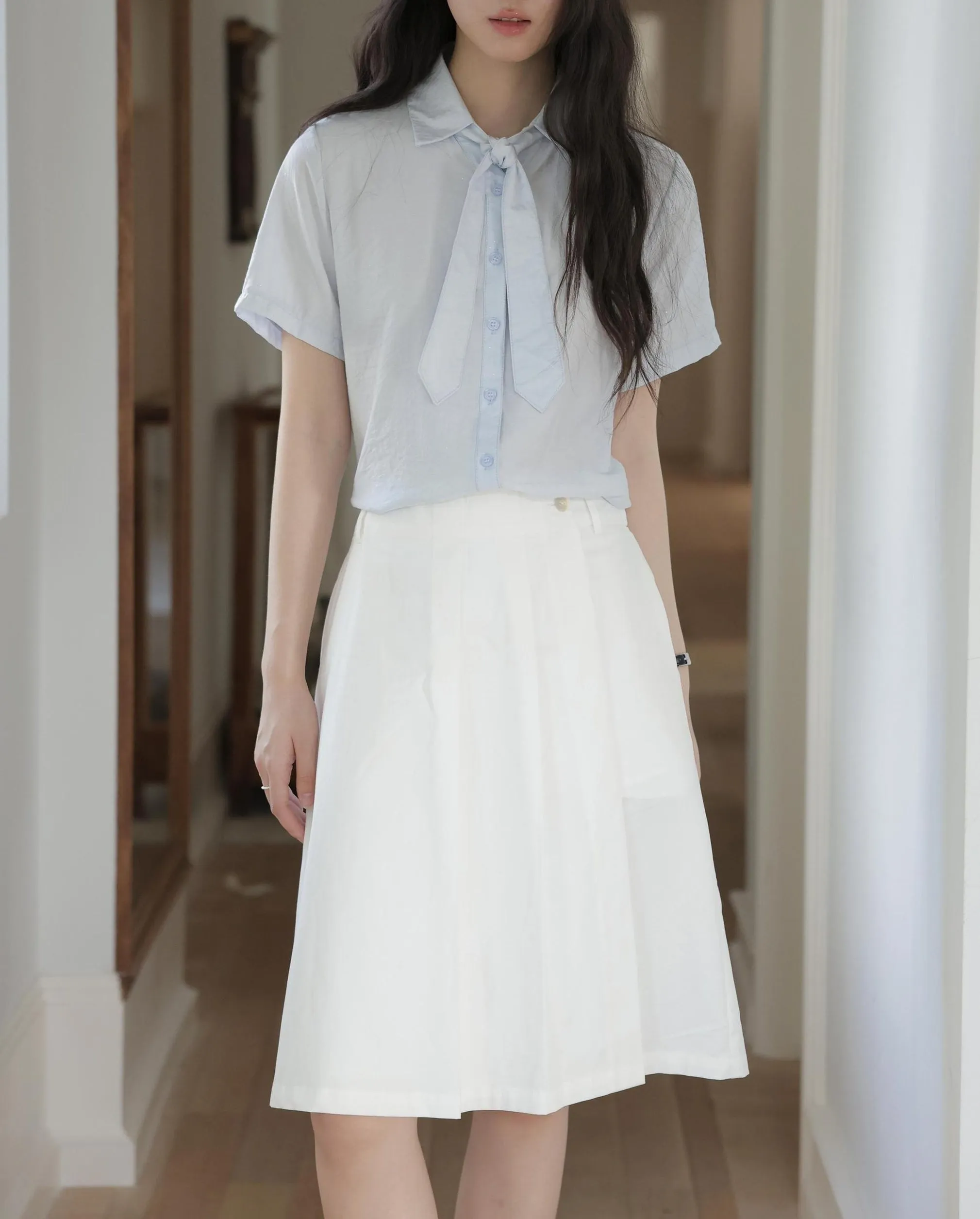 Elegant French Style Solid Blouse with Spread Neckline