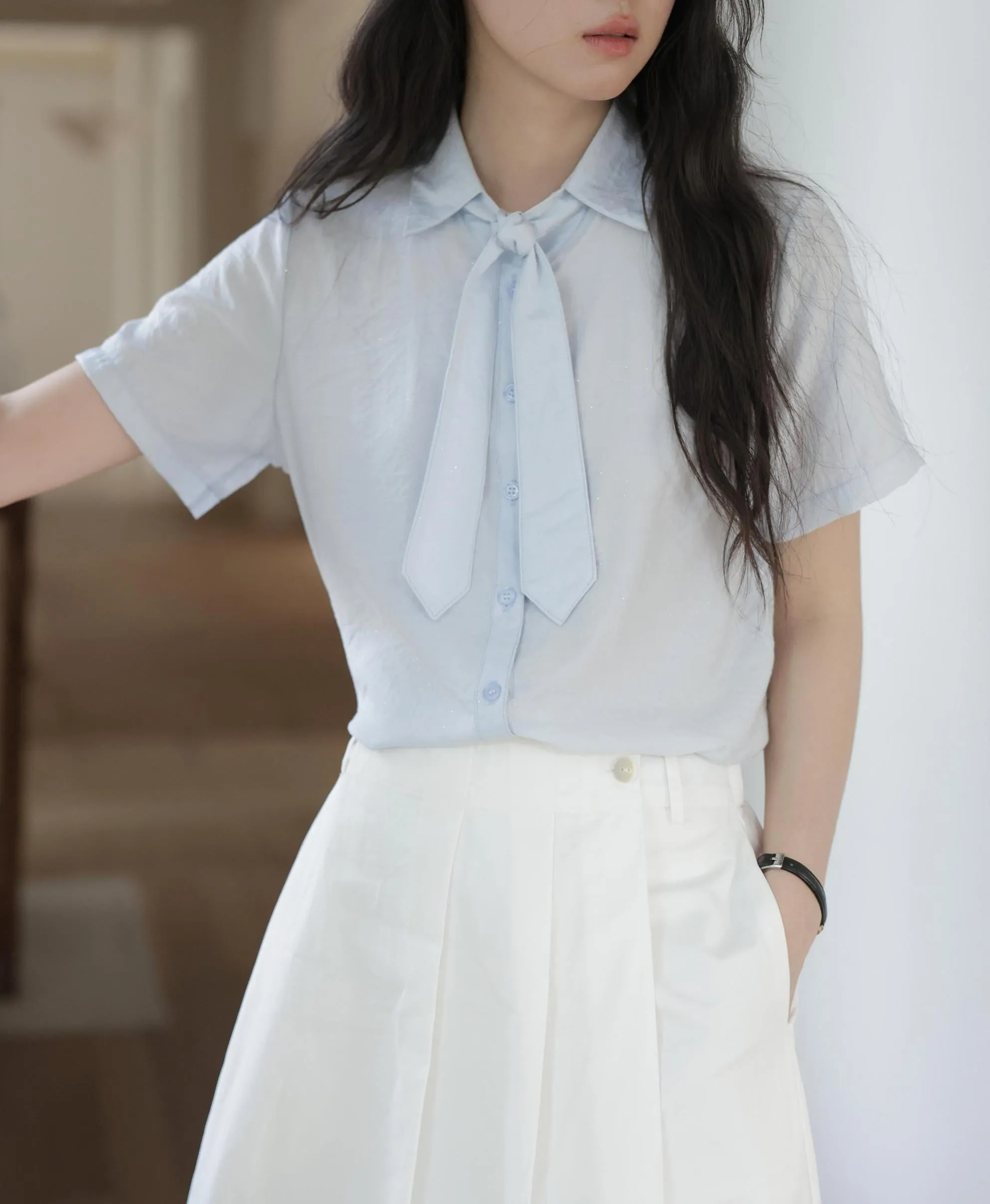 Elegant French Style Solid Blouse with Spread Neckline