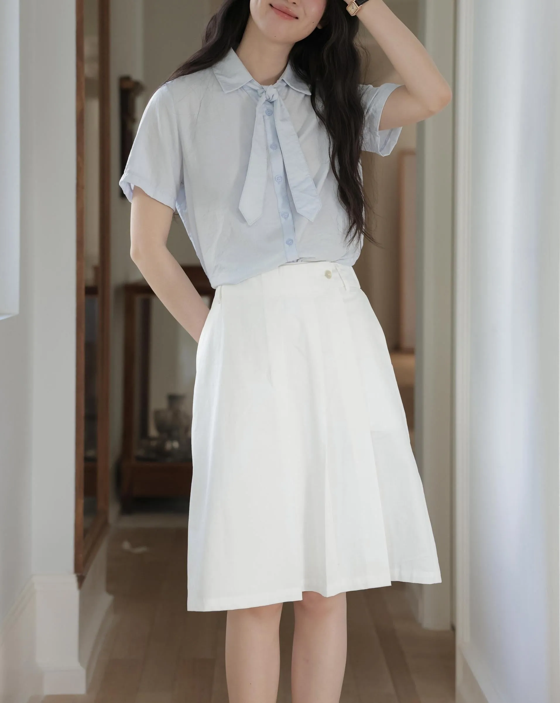 Elegant French Style Solid Blouse with Spread Neckline