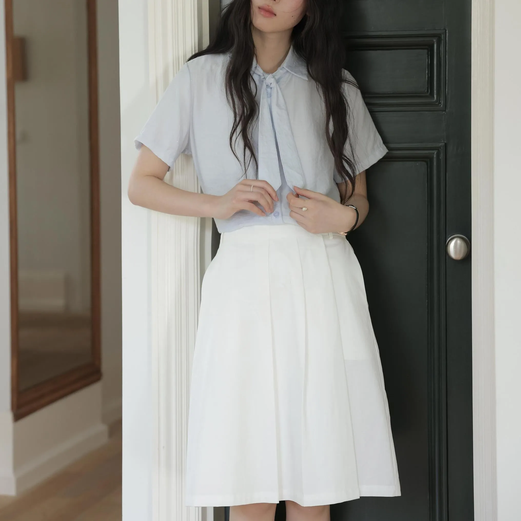 Elegant French Style Solid Blouse with Spread Neckline