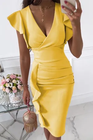 Elegant Solid Flounce Fold V Neck Wrapped Skirt Dresses(10 Colors)