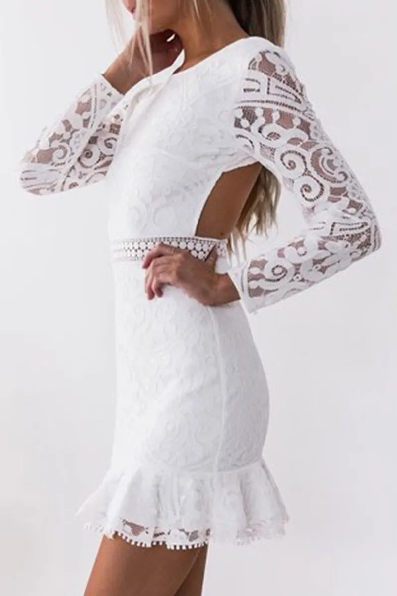 Elegant Solid Hollowed Out Frenulum Backless O Neck Wrapped Skirt Dresses