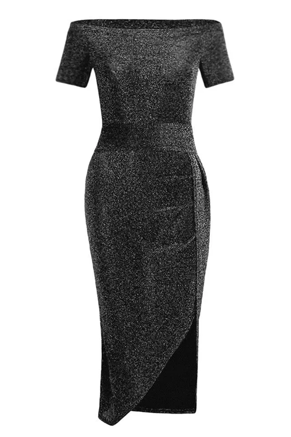 Elegant Solid Slit Sequined Off the Shoulder Wrapped Skirt Dresses(3 Colors)