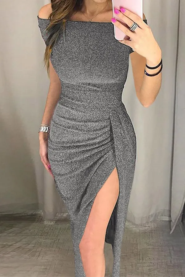 Elegant Solid Slit Sequined Off the Shoulder Wrapped Skirt Dresses(3 Colors)