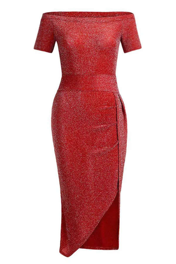 Elegant Solid Slit Sequined Off the Shoulder Wrapped Skirt Dresses(3 Colors)