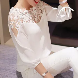 Elegant Women Blouses Plus Size Long Sleeve White Cotton Slim Crochet Hollow Lace Women Tops Shirts J2