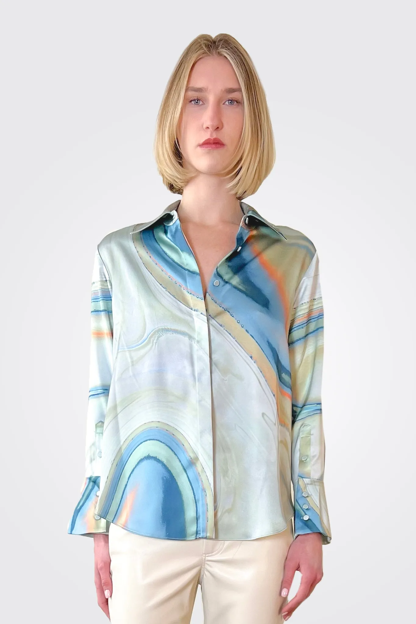 Elika Satin Top - Laguna Marble Print