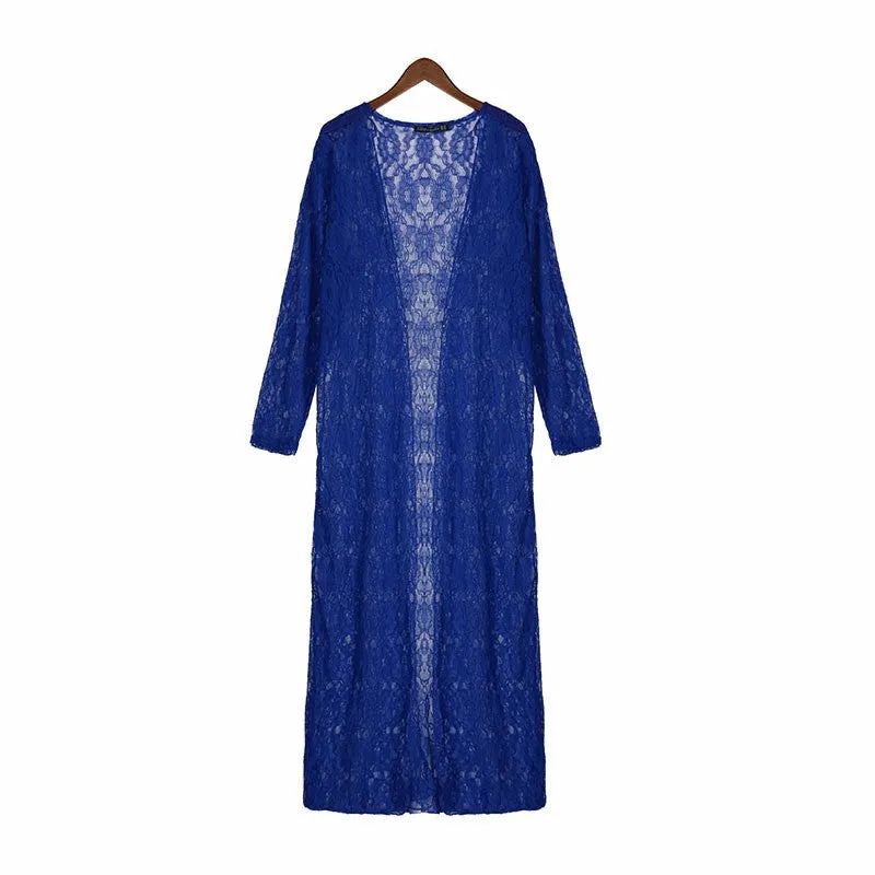 Fashion Women Lace Crochet Long Sleeve Beach Open Kimono Cardigan Long Blouses Tops Plus Size