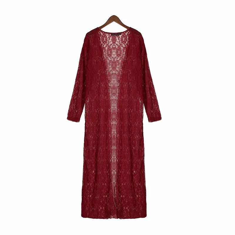 Fashion Women Lace Crochet Long Sleeve Beach Open Kimono Cardigan Long Blouses Tops Plus Size