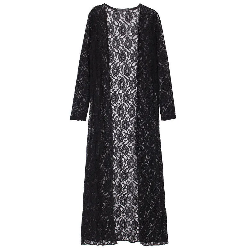 Fashion Women Lace Crochet Long Sleeve Beach Open Kimono Cardigan Long Blouses Tops Plus Size