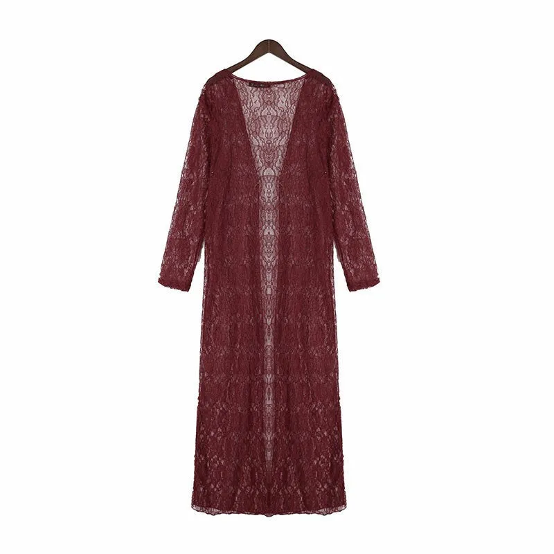 Fashion Women Lace Crochet Long Sleeve Beach Open Kimono Cardigan Long Blouses Tops Plus Size