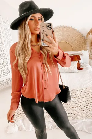 Fax It Over Long Sleeve Satin Button-Down (Brick)