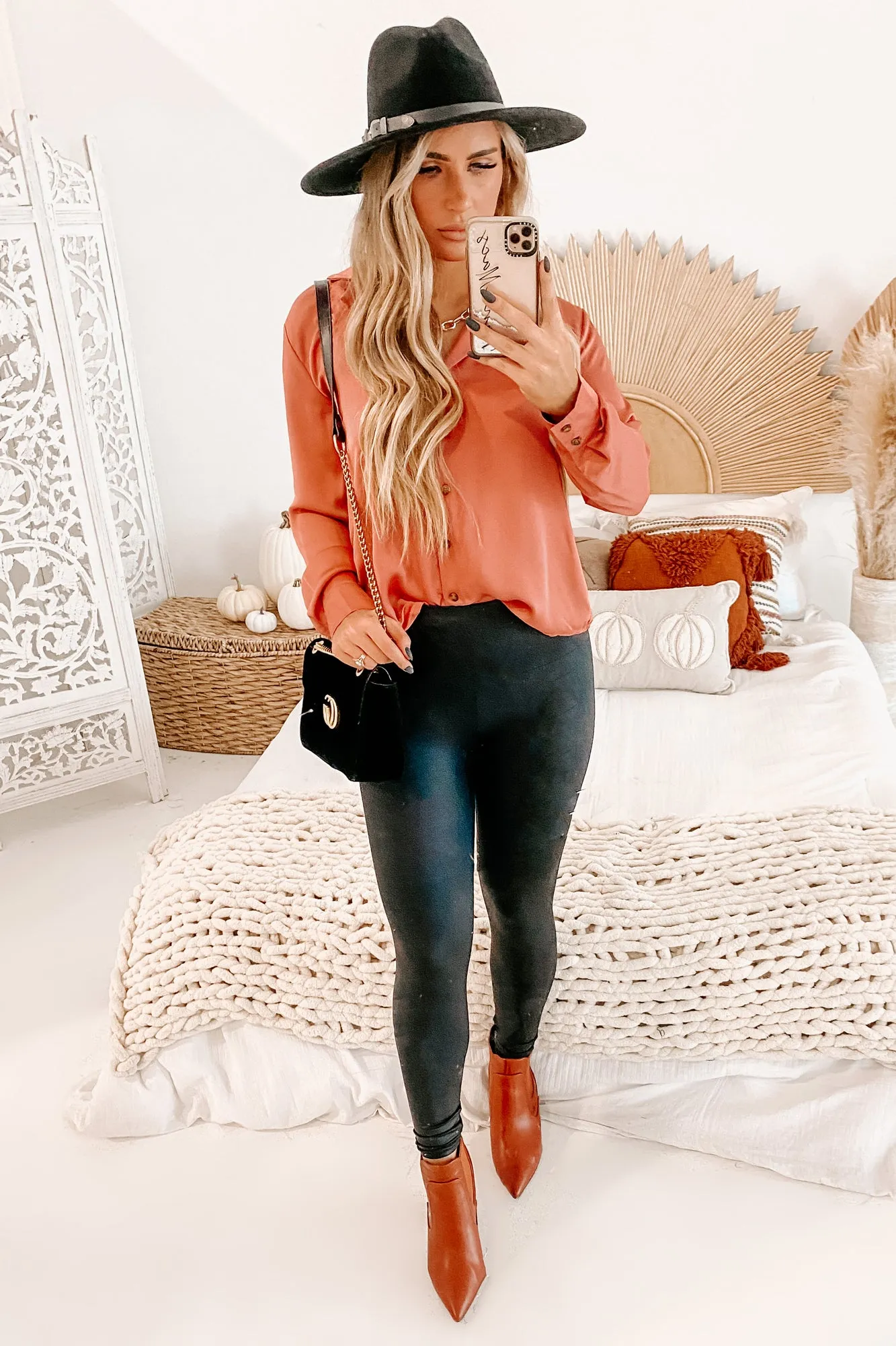 Fax It Over Long Sleeve Satin Button-Down (Brick)