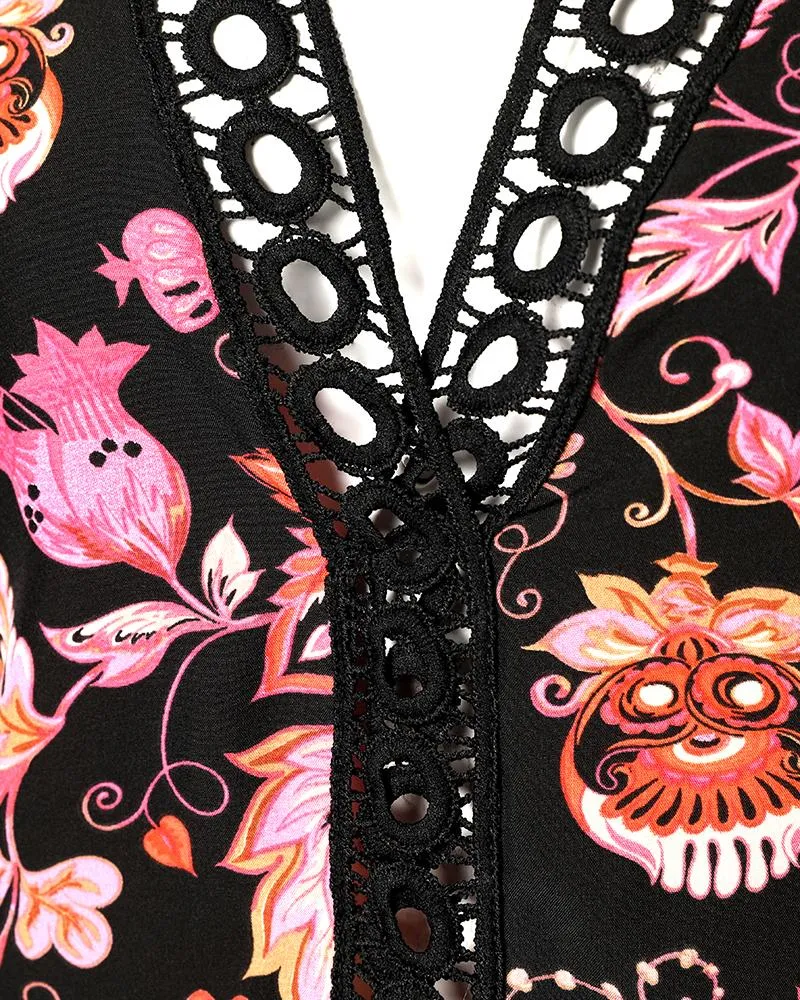 Floral Print Bell Sleeve Lace Trim Top