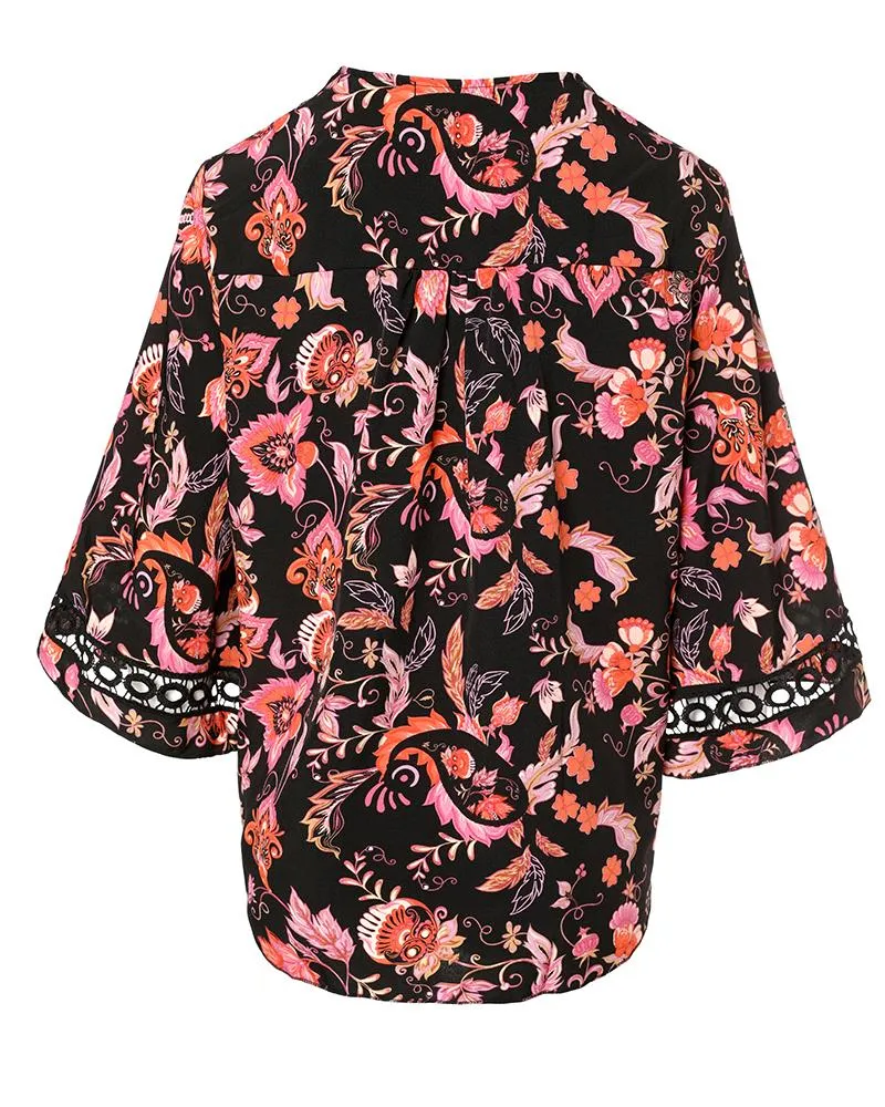 Floral Print Bell Sleeve Lace Trim Top