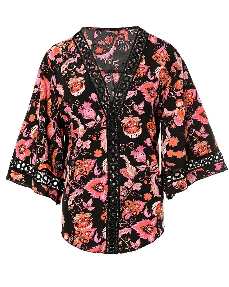 Floral Print Bell Sleeve Lace Trim Top