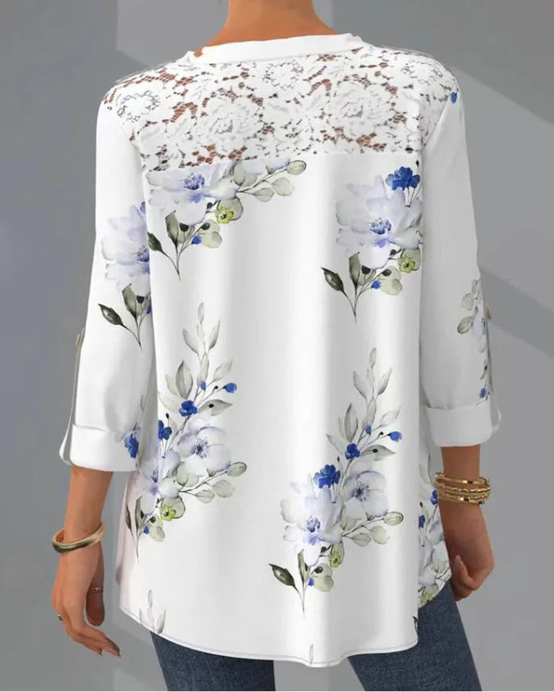 Floral Print Contrast Lace Button Front Top
