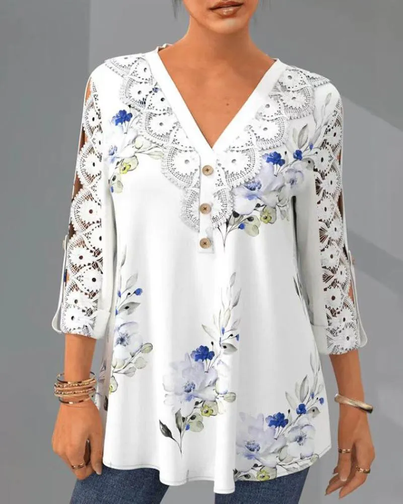 Floral Print Contrast Lace Button Front Top