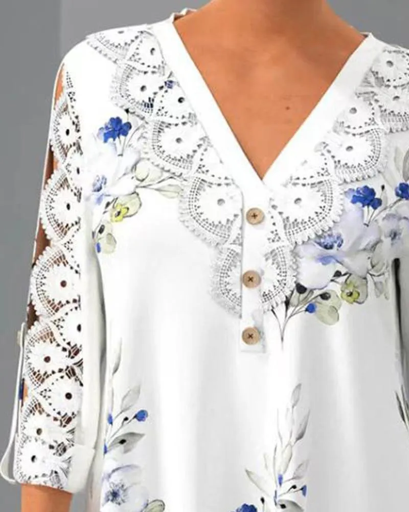 Floral Print Contrast Lace Button Front Top
