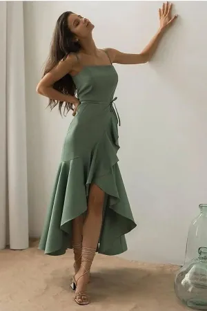 Flounced Hi-low Prom Dress with Spaghetti Straps