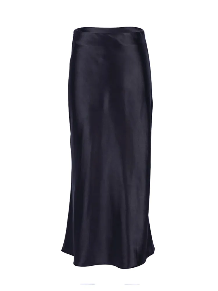 Flowing black satin skirt