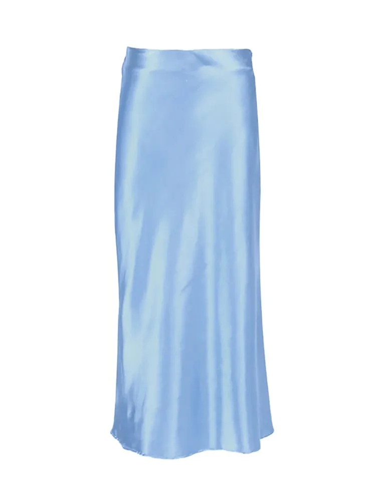 Flowing blue satin skirt
