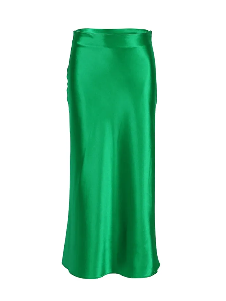 Flowing green satin skirt