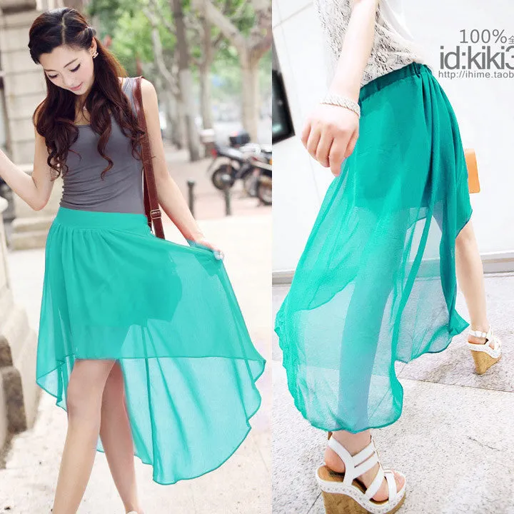 FNALA Women Fashion Chiffon Skirt Elastic Waist Skirts Asymmetrical Elastic Casual Waist Pleated Skirt 9 Colors