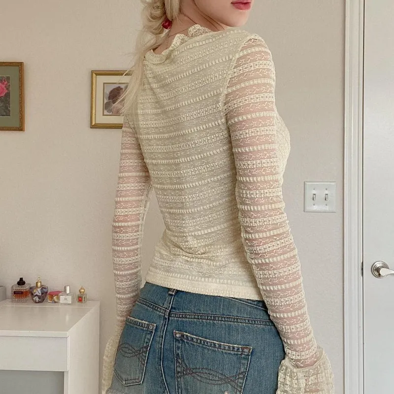Frill Trim Lace Long Sleeve Blouse