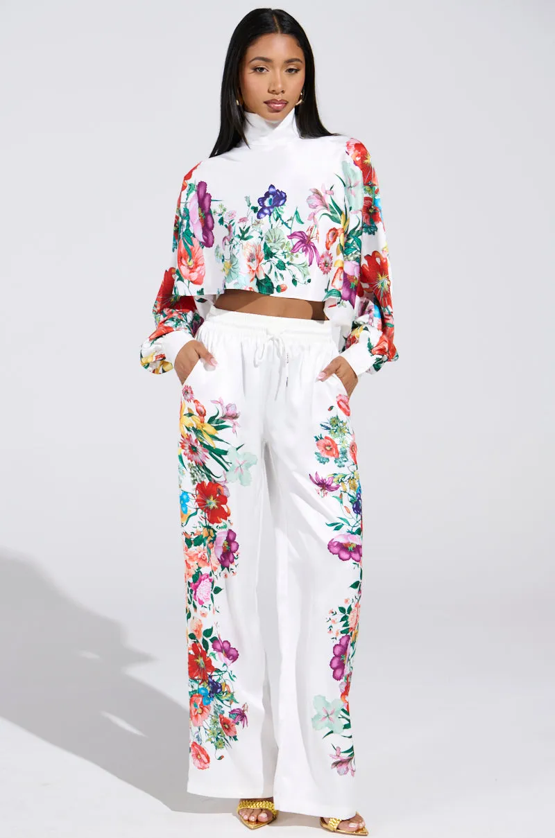 FULL BLOOM SATIN MOCK NECK BLOUSE IN WHITE