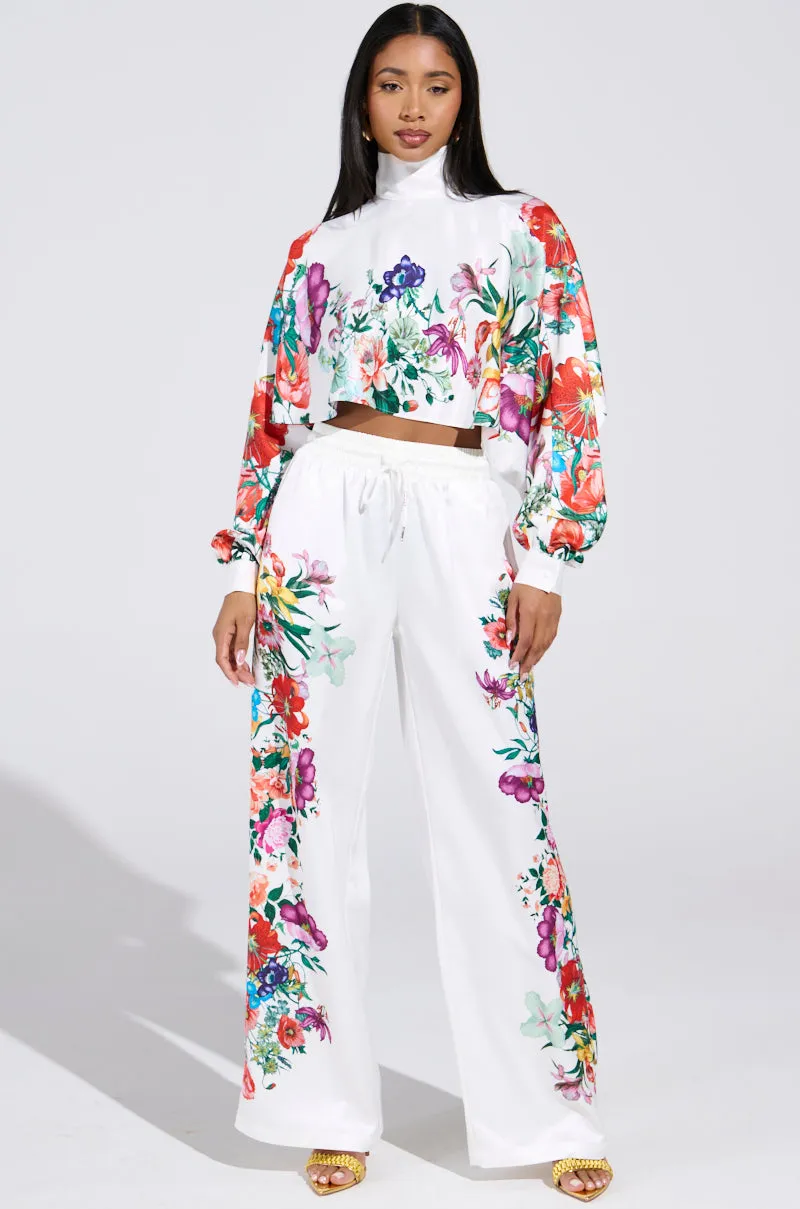FULL BLOOM SATIN MOCK NECK BLOUSE IN WHITE