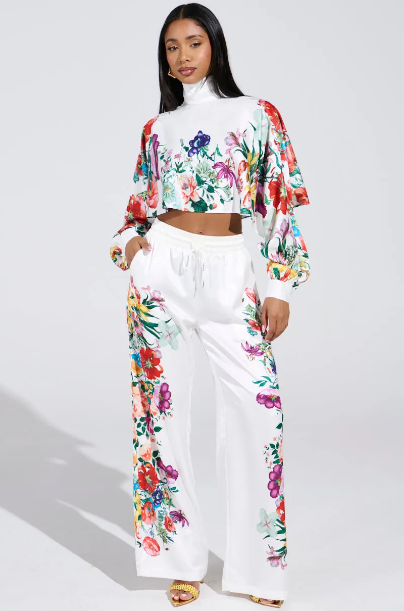 FULL BLOOM SATIN MOCK NECK BLOUSE IN WHITE