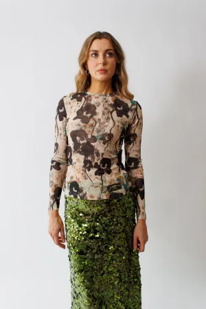 Ganni Printed Marl Mesh Long Sleeve Top