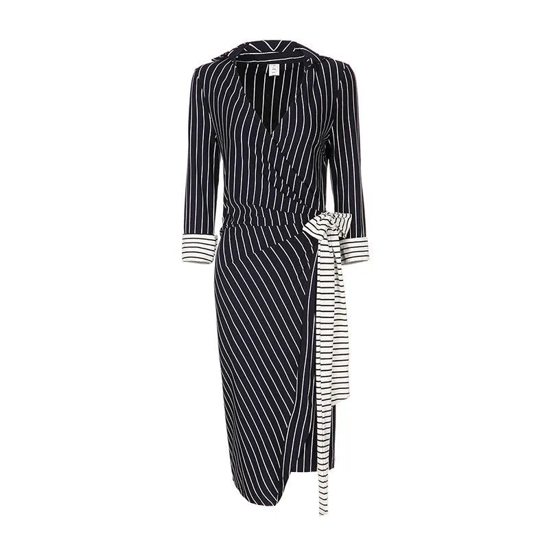 GCAROL Women V-Neck Nine Point Sleeve Bodycon Dress With Sashes Wrapped Striped OL Office Wear Elegant Long Dress For 4 Season