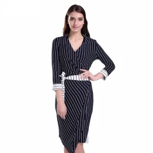 GCAROL Women V-Neck Nine Point Sleeve Bodycon Dress With Sashes Wrapped Striped OL Office Wear Elegant Long Dress For 4 Season